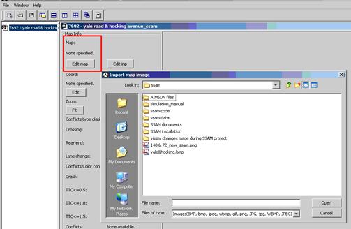 Figure 55. Screen Capture. SSAM Screen--Map Tab Import Map Image. A file selection window displays over the Map tab. No files are selected.