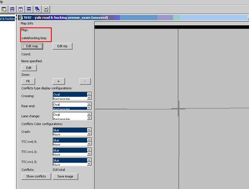 Figure 56. Screen Capture. SSAM Screen--Map Tab with Map File Loaded. In this screen, a map image file named as yale&hocking.bmp is loaded and the name of the file appears at the top of the Map tab. The name of the loaded.bmp file is also shown in the Map section.