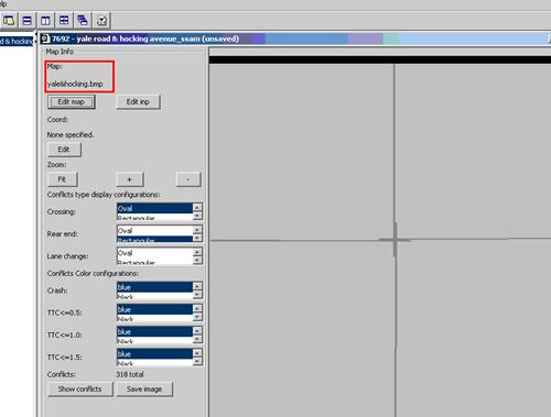 Figure 56. Screen Capture. SSAM Screen--Map Tab with Map File Loaded. In this screen, a map image file named as yale&hocking.bmp is loaded and the name of the file appears at the top of the Map tab. The name of the loaded.bmp file is also shown in the Map section.