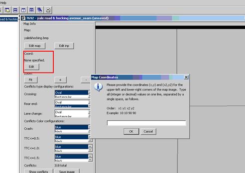 Figure 57. Screen Capture. SSAM Screen--Map Tab Map Coordinates Input. A map coordinates input box is shown on top of the Map tab. The message prompts the user to enter the coordinates for the upper-left and lower-right corners of the map image that has been loaded by the user.