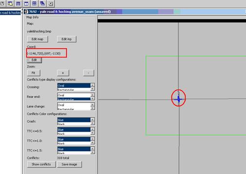 Figure 59. Screen Capture. SSAM Screen--Map Tab Conflicts with Background. Conflict points are shown in the map view section of the Map tab. The Map configuration is yale&hocking.bmp and settings for Coord are (-1146,720)(697,-1130). The total Conflicts number is 318.