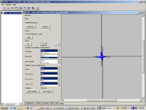 Figure 60. Screen Capture. SSAM Screen--Map Tab with Zoomed Map View. This is an enlarged view of the Map tab and the conflicts shown on the map view section.