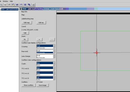 Figure 61. Screen Capture. SSAM Screen--Map Tab with Filtered Conflicts. Conflict points are shown in the map view section of the Map tab. The Map configuration is yale&hocking.bmp and the Coord settings are (-1146,720)(697,-1130). The total Conflicts number is 277.