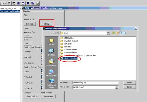 Figure 62. Screen Capture. SSAM Screen--Map Tab Load .inp File. This screen shows a file selection window with the label Import VISSIM .inp file. The file yale&hocking.inp is selected.