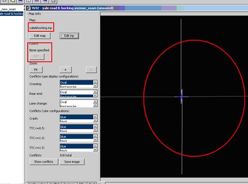 Figure 63. Screen Capture. SSAM Screen--Map Tab Loaded .inp File and Generated Network. This screen shows the generated network view from the loaded .inp file. Conflicts generated from this network are also shown.