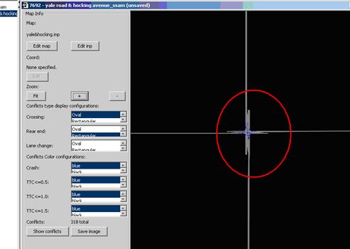 Figure 64. Screen Capture. SSAM Screen--Map Tab with Zoomed View of Generated Network. This is an enlarged view of the generated VISSIM network from the loaded .inp file.