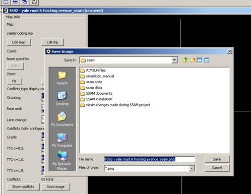 Figure 65. Screen Capture. SSAM Screen--Map Tab Saving Image. This screen shows a file selection window with the label of Save Image open over the Map tab. To open this window, the user must click Save image at the bottom of the Map Info section. Only .png files can be saved. In this example, the image is saved to file 7692-yale & hocking avenuw_ssam.png.