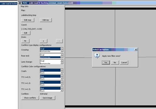 Figure 68. Screen Capture. SSAM Screen--Map Tab Filter Confirmation Message. A message is shown over the map image on the Map view section in the Map tab. This message asks the user whether nor not to apply a new filter zone.