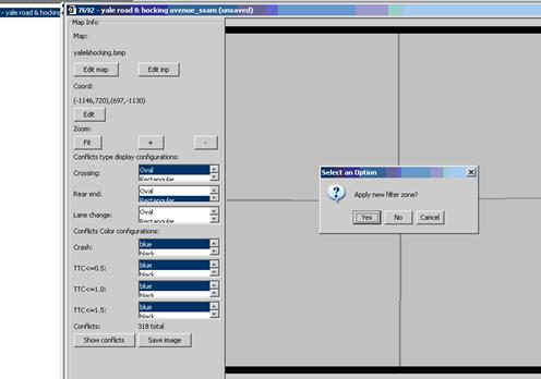 Figure 68. Screen Capture. SSAM Screen--Map Tab Filter Confirmation Message. A message is shown over the map image on the Map view section in the Map tab. This message asks the user whether nor not to apply a new filter zone.