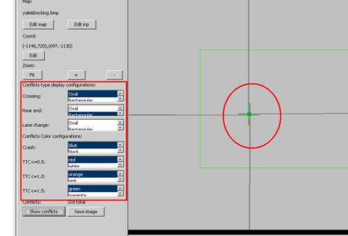 Figure 71. Screen Capture. SSAM Screen--Map Tab Conflicts Display Configurations. The conflicts type and color display configuration sections are emphasized within the Map tab. The configurations for current conflict type display are: Oval for crossing conflict, Rectangular for rear end conflicts, and Triangle for lane change conflicts. The configurations for current conflict color display are: blue for crashes, red for conflicts with TTC < = 0.5, orange for conflicts with TTC < = 1.0, and green for conflicts with TTC < = 1.5. The corresponding conflicts are shown in the Map view section.