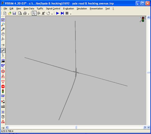 Figure 74. Screen Capture. VISSIM Screen--Network Example. This is a screen shot of a VISSIM network named as 7692-yale road & hocking avenue.inp.