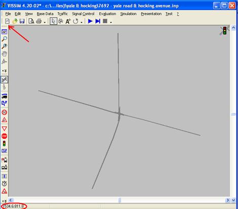 Figure 75. Screen Capture. VISSIM Screen --Record Upper-Left Corner Coordinates. This screen displays how to get the upper-left corner coordinates within the VISSIM network. A red arrow points to the upper-left corner of the network and the corresponding (x, y) coordinates are shown at the bottom of the screen.