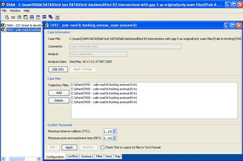 Figure 82. Screen Capture. SSAM Screen--Edit a Case Document. The Configuration tab for a sample SSAM case file is shown open in the screen. Five trajectory files listed in the text area of the Case Files section are active and may be edited by the user. To edit a file, click Edit.