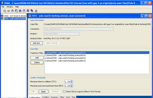 Figure 83. Screen Capture. SSAM Screen--Delete a .trj File. The Configuration tab for the sample case file is shown open in the screen. Four trajectory files are listed in the text area of the Case Files section of the example SSAM case file. To delete a file, click Delete.