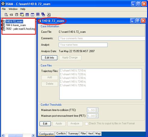 Figure 88. Screen Capture. SSAM Screen--Opening Case Documents. Three SSAM case files are listed in the workspace window of the SSAM. The selected file, 140 & 72_ssam, is open to the Configuration tab.