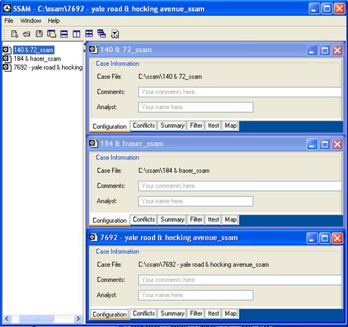 Figure 89. Screen Capture. SSAM Screen--Horizontal Tiling. This screen shows three SSAM case files open and horizontally tiled.