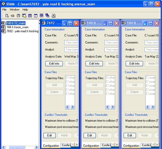Figure 90. Screen Capture. SSAM Screen--Vertical Tiling. This screen shows three SSAM case files open and vertically tiled.