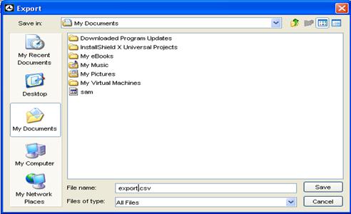 Figure 94. Screen Capture. Export Conflict Table to .csv File. This screen shot shows the export function of the SSAM software. A file selection window is open and the user can name and save the exported file.