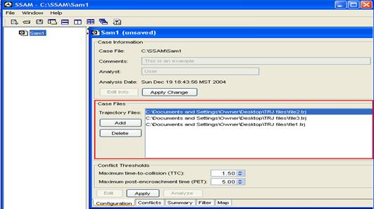 Figure 3. Screen Capture. SSAM User Interface with Case File Defined. This is a screen capture of the SSAM user interface for the defined case file. An example case file named "Sam1" appears in a tree view in the left-hand pane of the display. The detailed configuration of this case file is shown in the right-hand pane of the display.