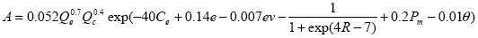 Figure 22. Equation. Entry-Circulating Roundabout Accident Prediction Model. This is the crash prediction model for entry circulating of a roundabout. The predicted number of personal injury crashes (including fatalities) for entry circulating per year per roundabout approach equals the multiplication of the following: 0.052, entering flow (1,000s of vehicles/day) with power of 0.7, circulating flow (1,000s of vehicles/day) with the power of 0.4 and exponential of the sum of the following: minus 40 times entry curvature, 0.1 times entry width, minus 0.007 times entry width times approach width, minus 1 divided by 1 plus natural exponential of 4 times ratio of inscribed circle diameter/central island diameter minus 7, 0.2 times proportion of motorcycles (percent) and minus 0.01 times angle to next leg measured centerline to centerline (degrees).