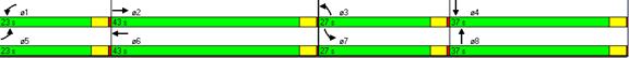 Figure 35. Illustration. Timing Plan for Protected Left Turn in High Volumes. This is a screen capture of the timing plan for the tested protected left turn case in high volumes condition. The split time for E-W through movements (phase 2 and phase 6) is 43 seconds. The split time for E-W left-turn movements (phase 1 and phase 5) is 23 seconds. The split time for the S-N left-turn movements (phase 3 and phase 7) is 27 seconds. The split time for S-N through movements (phase 4 and phase 8) is 37 seconds.