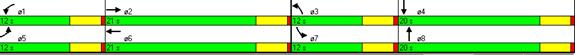 Figure 47. Illustration. Timing Plan for Intersection without Right-Turn Bay in Low Volumes. This is a screen capture of the timing plan for an intersection without a right-turn bay case in low  volumes condition. The split time for E-W through movements (phase 2 and phase 6) is 21 seconds. The split time for E-W left-turn movements (phase 1 and phase 5) is 12 seconds. The split time for the S-N left-turn movements (phase 3 and phase 7) is 12 seconds. The split time for S-N through movements (phase 4 and phase 8) is 20 seconds.