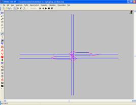 Figure 53. Screen Capture. Intersection with Lagging Left Turn. This is a screen capture of an intersection model in VISSIM. The intersection is a four-legged intersection with one through lane having left- and right-turn bays in the main travel directions and one though lane on the side-street. All left-turn bays are 76.25 m (250 ft) long.