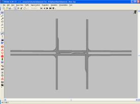 Figure 63. Screen Capture. Intersection for Diamond Interchange with Three-Phase Test. This is a screen capture of a diamond interchange model in VISSIM. The diamond interchange is going to apply a three-phase sequencing signal control. The left-turn bay for each intersection is 45.75 m (150 ft) long.