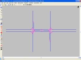 Figure 64. Screen Capture. Intersection for Diamond Interchange with Four-Phase Test. This is a screen capture of a diamond interchange model in VISSIM. The diamond interchange is going to apply a four-phase sequencing signal control. The left-turn bay for each intersection is 45.75 m (150 ft) long.