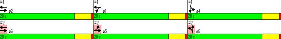 Figure 65. Screen Capture. Timing Plan for Three-Phase Diamond Interchange in Low Volumes. This is a screen capture of the timing plan for a three-phase diamond interchange in low volumes condition. The split time for E-W through movements (phase 2 and phase 6) is 20 seconds. The split time for E-W left-turn movements (phase 1 and phase 5) is 20 seconds. The split time for S-N movement (phase 4 and phase 8) is 20 seconds.