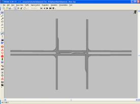 Figure 75. Screen Capture. Diamond Interchange in VISSIM. This is a screen capture of a diamond interchange model in VISSIM. All left-turn bays are 45.75 m (150 ft) long.