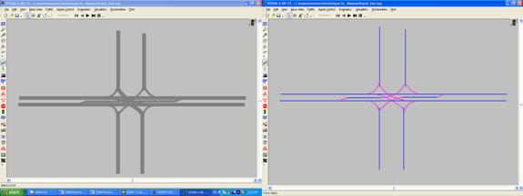 Figure 77. Screen Capture. SPUI in VISSIM. This is a screen capture of a single- point urban interchange model with two different types of view in VISSIM. All left-turn bays are 45.75 m (150 ft).