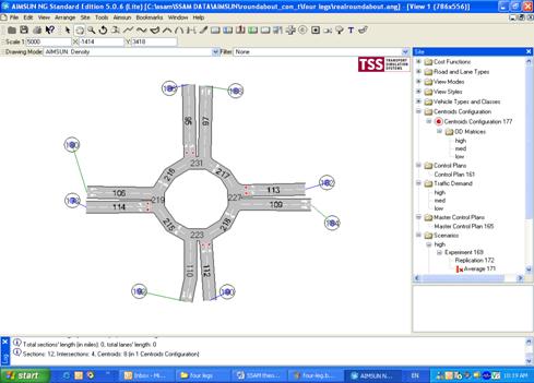 Figure 99. Screen Capture. Four-Approach Roundabout in AIMSUN. This is a screen capture of a four-approach roundabout model in AIMSUN. Each approach has two lanes.