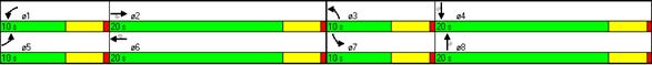 Figure 100. Screen Capture. Timing Plan for Conventional Intersection in Low Volumes. This is a screen capture of the timing plan for the conventional intersection in low volumes condition. The split time for E-W through movements (phase 2 and phase 6) is 20 seconds. The split time for E-W left-turn movements (phase 1 and phase 5) is 10 seconds. The split time for S-N through movement (phase 4 and phase 8) is 20 seconds. The split time for S-N left-turn movement (phase 3 and phase 7) is 10 seconds.