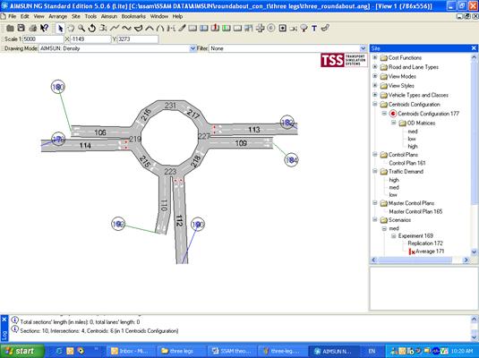 Figure 104. Screen Capture. Three-Approach Roundabout in AIMSUN. This is a screen capture of a three-approach roundabout model in AIMSUN. All approaches have two lanes.