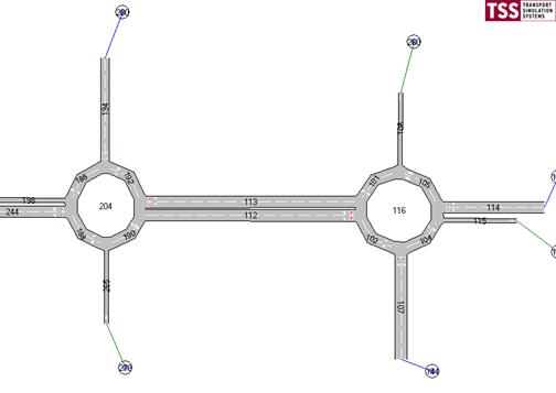 Figure 110.Screen Capture. Double Roundabout in AIMSUN. This is a screen capture of a double roundabout model in AIMSUN.