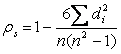 Figure 114. Equation. Spearman Rank Correlation Coefficient. The Spearman rank correlation coefficient equals 1 minus 6 times the sum of the following: square of difference between ranks divided by multiplication of the number of paired sets, square of number of paired sets minus 1. 