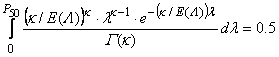 Figure 121. Equation. 50th Percentile. This is to calculate the 50th percentile point. It is calculated such that a function with respect to lambda integrated within the interval of (0, P50) equals to 0.5. The function is a multiplication of followings: model dispersion parameter divided by predicted crash frequency then powered by model dispersion parameter, variable lambda powered by model dispersion parameter minus 1, reverse of gamma distribution with model dispersion parameter as the parameters, natural exponential of the multiplication of minus 1, model dispersion parameter divided by predicted crash frequency and variable lambda.