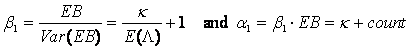 Figure 124. Equation. Gamma Parameters for Posterior Distribution. Beta sub 1 equals EB divided by the variance of EB. It also equals one plus model dispersion parameter divided by predicted crash frequency. Alpha sub 1 equals beta sub 1 times EB and also equals the sum of model dispersion parameter and observed crash frequency.