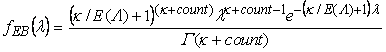 Figure 125. Equation. Probability Density Function for Posterior Distribution. The probability density function for posterior distribution with respect of variable lambda equals the multiplication of 1 plus model dispersion parameter divided by predicted crash frequency and then powered by the sum of model dispersion parameter and observed crash frequency, variable lambda powered by the sum of model dispersion parameter and observed crash frequency minus one, reverse of gamma distribution with sum of model dispersion parameter and observed crash frequency as its parameter and natural exponential of 1 plus model dispersion parameter divided by predicted crash frequency and then times minus lambda.