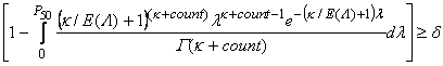 Figure 126. Equation. Criterion for a Crash Prone Site Rating. This is to calculate the 50th percentile point to determine the crash prone site. It is calculated such that the desired confidence level (usually selected at 0.95) equals or is less than 1 minus a function with respect to lambda integrated within the interval of (0, P50). The function is a multiplication of followings: one plus model dispersion parameter divided by predicted crash frequency and then powered by the sum of model dispersion parameter and observed crash frequency, variable lambda powered by the sum of model dispersion parameter and observed crash frequency minus one, reverse of gamma distribution with sum of model dispersion parameter and observed crash frequency as its parameter and natural exponential of 1 plus model dispersion parameter divided by predicted crash frequency and then times minus lambda.