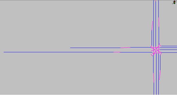 Figure 128. Screen Capture. Second Taper Modeling Configuration. This is an illustration of the second taper modeling configuration in VISSIM. Blue lines indicate links while pink lines indicate connectors.