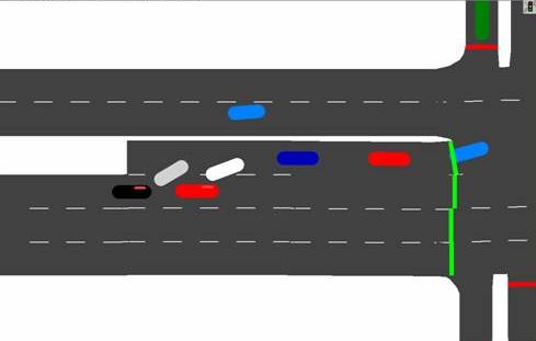 Figure 129. Screen Capture. Queuing Problem Due to the Second Taper Configuration. This is an illustration of queuing problems due to the second taper configuration in VISSIM. Vehicles are not queuing up normally.