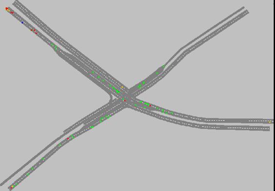 Figure 183. Screen Capture. VISSIM Conflict Layout for AM Peak Hour of Intersection 1 (Total 85). This is a screen capture of conflicts layout in VISSIM for the AM peak hour of intersection Briarcliff Rd & North Druid Hills Rd, Dekalb County, Atlanta, GA. There are 85 conflicts and most of the conflicts are located close to the intersection and having TTC > = 1.0 seconds. There are also few crashes within the intersection and at the entry of each link. 