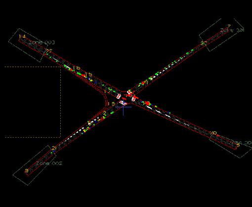 Figure 185. Screen Capture. PARAMICS Conflict Layout for AM Peak Hour of Intersection 1 (Total 427). This is a screen capture of conflicts layout in PARAMICS for the AM peak hour of intersection Briarcliff Rd & North Druid Hills Rd, Dekalb County, Atlanta, GA. There are 427 conflicts and most of the conflicts are located close to the intersection. Crashes are scattered all over the intersection and four approaches.