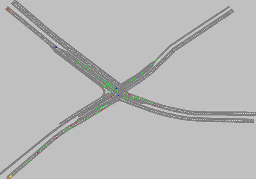 Figure 187. Screen Capture. VISSIM Conflict Layout for Mid Peak Hour of  Intersection 1 (Total 84). This is the screen capture of conflicts layout in VISSIM for mid peak hour of intersection Briarcliff Rd & North Druid Hills Rd, Dekalb County, Atlanta, GA. There are 84 conflicts and most of the conflicts are located close to the intersection and having TTC > = 1.0 seconds. There are also few crashes within the intersection and at the entry of each link.