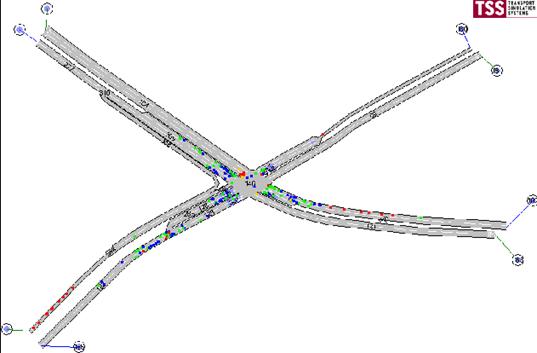 Figure 188. Screen Capture. AIMSUN Conflict Layout for Mid Peak Hour of Intersection 1 (Total 222). This is a screen capture of conflicts layout in AIMSUN for the mid peak hour of intersection Briarcliff Rd & North Druid Hills Rd, Dekalb County, Atlanta, GA. There are 222 conflicts and most of the conflicts are located close to the intersection. There are some crashes within the intersection and at the entry of each link. Most of the conflicts have large TTC.