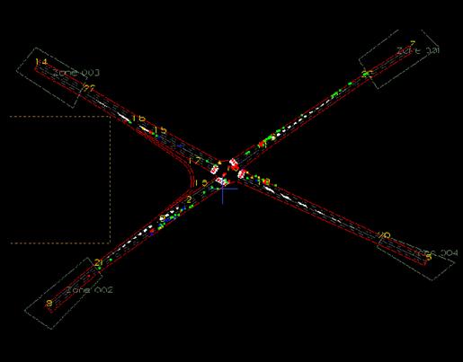 Figure 189. Screen Capture. PARAMICS Conflict Layout for Mid Peak Hour of Intersection 1 (Total 209). This is a screen capture of conflicts layout in PARAMICS for the mid peak hour of intersection Briarcliff Rd & North Druid Hills Rd, Dekalb County, Atlanta, GA. There are 209 conflicts and most of the conflicts are located close to the intersection. There are some crashes within the intersection. Most of the conflicts have large TTC.