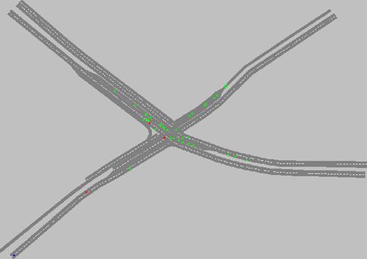 Figure 191. Screen Capture. VISSIM Conflict Layout for PM Peak Hour of Intersection 1 (Total 47). This is a screen capture of conflicts layout in VISSIM for the PM peak hour of intersection Briarcliff Rd & North Druid Hills Rd, Dekalb County, Atlanta, GA. There are 47 conflicts and most of the conflicts are located close to the intersection. There are a few crashes within the intersection, and most of the conflicts have large TTC.