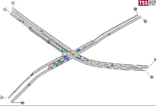 Figure 192. Screen Capture. AIMSUN Conflict Layout for PM Peak Hour of Intersection 1 (Total 156). This is a screen capture of conflicts layout in AIMSUN for the PM peak hour of intersection Briarcliff Rd & North Druid Hills Rd, Dekalb County, Atlanta, GA. There are 156 conflicts and most of the conflicts are located close to the intersection. There are some crashes within the intersection and at the left-turn bay area. Most of the conflicts have large TTC.